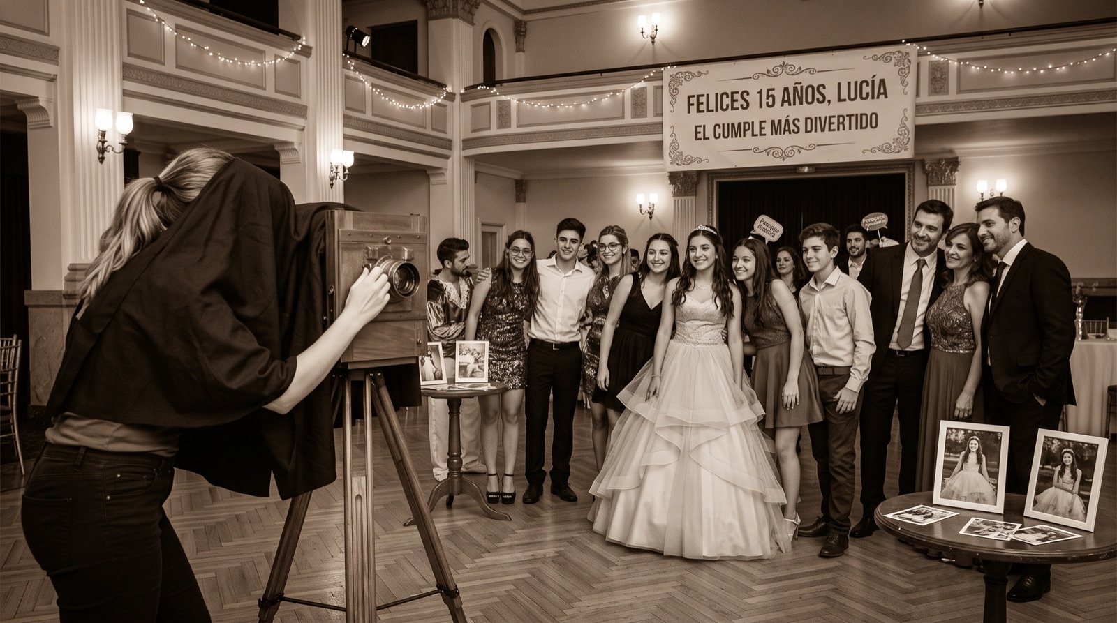 Festejo de 15 años: la quinceañera de vestido claro rodeada de sus amigas frente a la cabina
