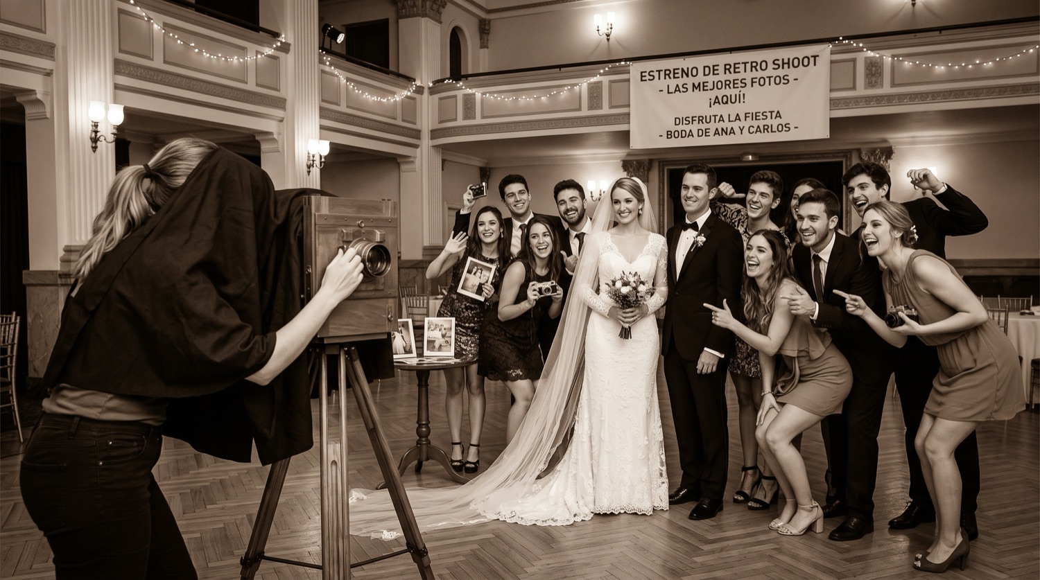 Casamiento: la novia de blanco y el cortejo posando ante la cámara de cajón